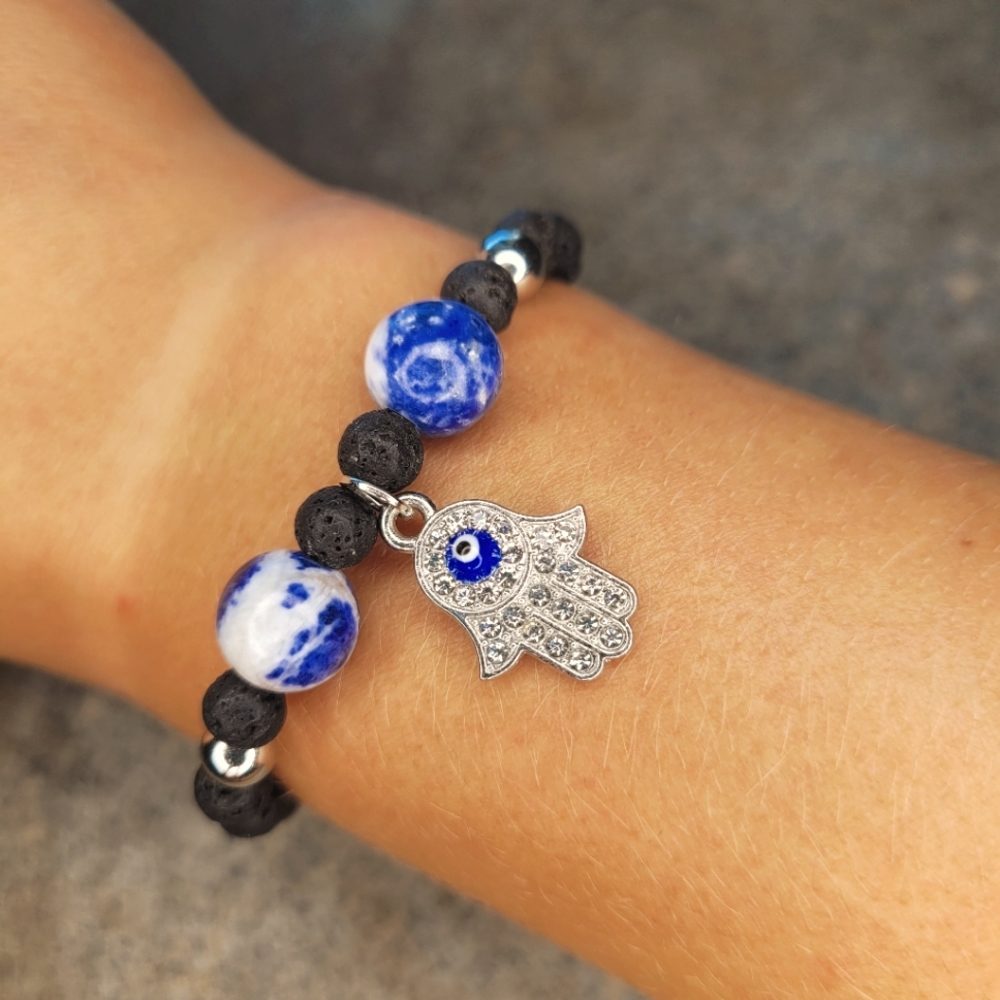 Agate Fatima Evil Eye Handmade Lava Bead Bracelet - Picture 3 of 4